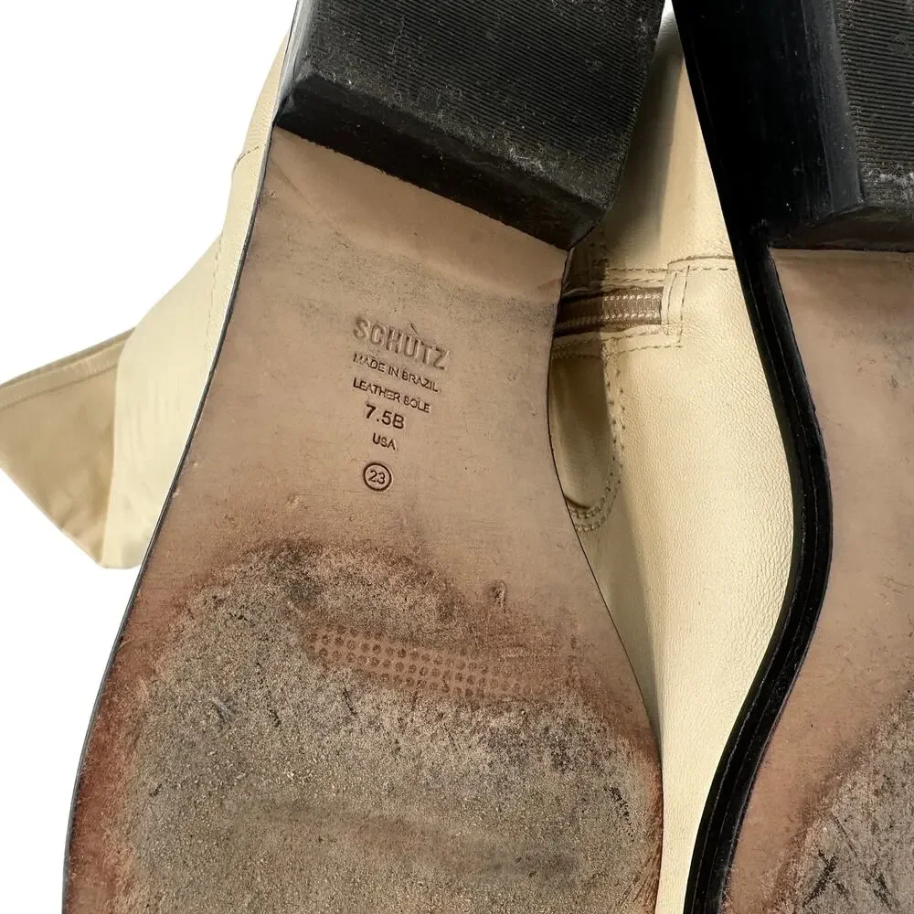 Schutz Guily Up Over The Knee Boots Eggshell Cream Leather‎ Square Toe Women 7.5